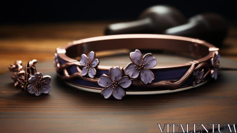 Exquisite Copper Bracelet with Purple Enamel and Cherry Blossoms AI Image