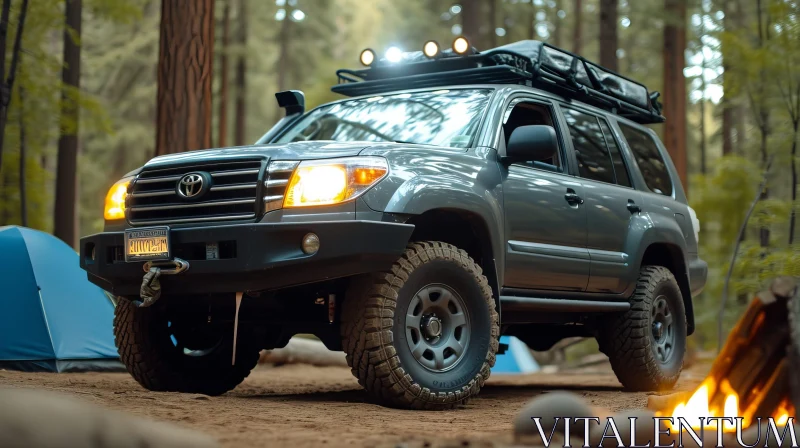 Gray Toyota Land Cruiser Prado in Forest with Campfire and Tent AI Image