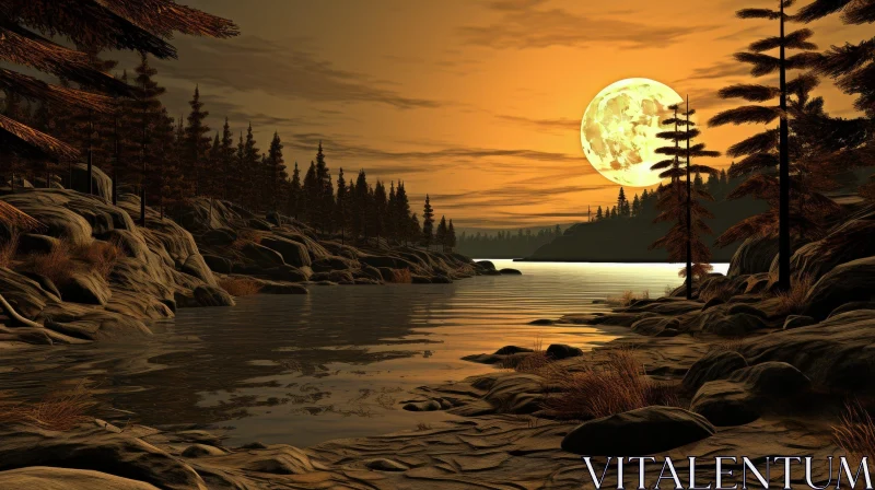 Moonlit Lake and Forest Landscape AI Image