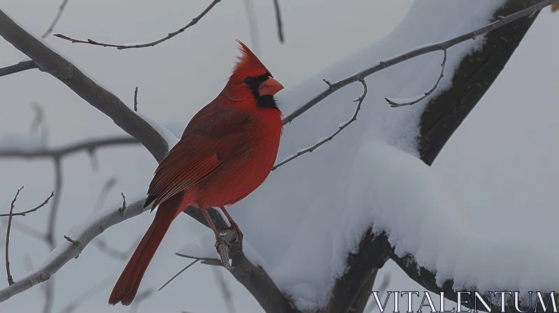 Northern Cardinal on Snow-Covered Branch AI Image