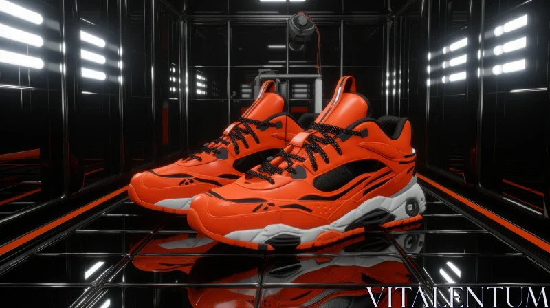 AI ART Orange Sneakers in Reflective Black Room - 3D Rendering