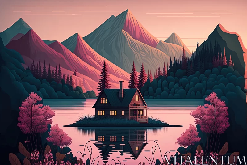 Pink Mountain and Lake with Silhouette of House in Mist - Capturing Nature's Beauty AI Image