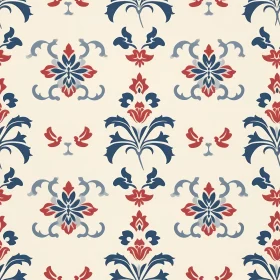 Red and Blue Floral Damask Pattern on Beige Background