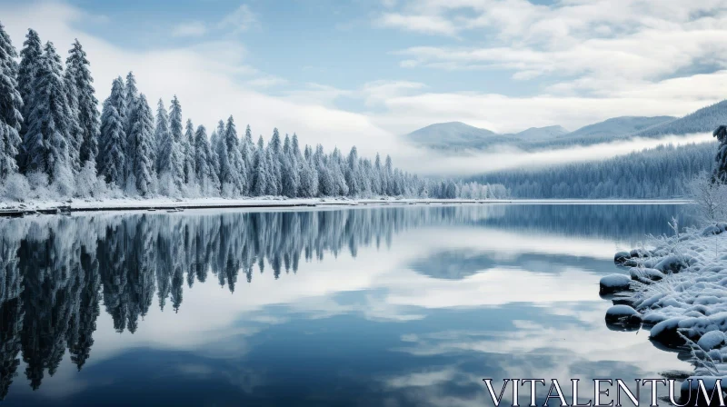 Serene Winter Landscape with Frozen Lake and Snow-covered Trees AI Image