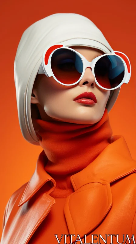 Stylish Woman Portrait in Orange Leather Turtleneck and Hat AI Image