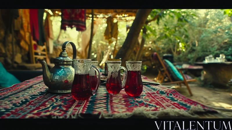 Traditional Turkish Tea Set on Colorful Carpet in Lush Green Garden AI Image