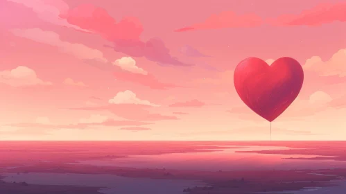 Tranquil Landscape with Red Heart Balloon in Pink Sky
