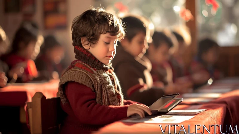 AI ART Young Boy Using Tablet in Classroom | Modern Learning