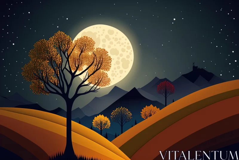 Captivating Full Moon Landscape with Trees - Charming Illustration AI Image