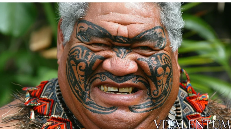 Close-Up Portrait of a Weathered Maori Man with Traditional Facial Tattoo AI Image