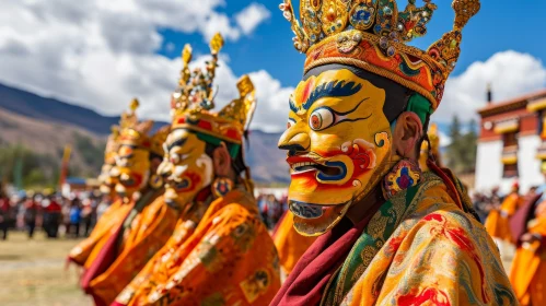 Colorful Tibetan Monks Performing Traditional Dance at Festival