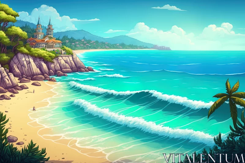 Enchanting Cartoon Beach Scene with Hotel, Trees, and Waves AI Image