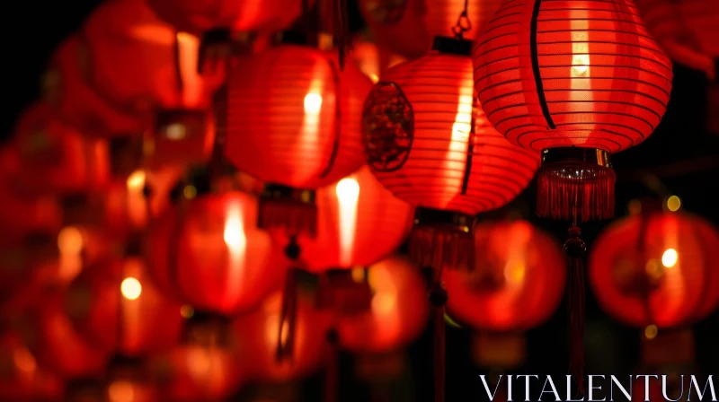 Enigmatic Beauty: Red Chinese Lanterns in a Dark Room AI Image