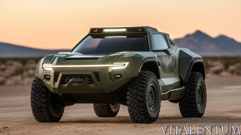 Futuristic Green Off-Road Vehicle in Desert Sunset AI Image