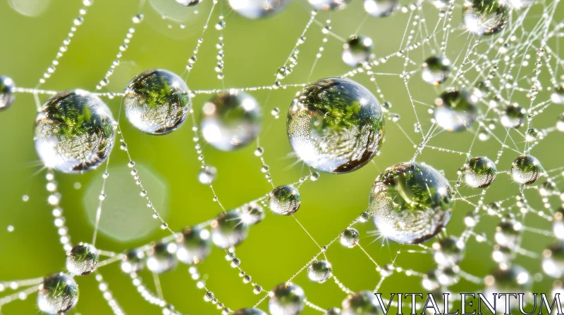 AI ART Intricate Spider Web with Dew Drops on Green Background