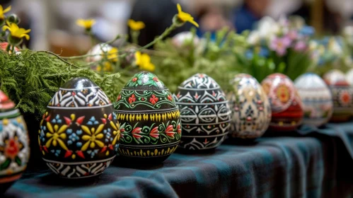 Intricately Decorated Easter Eggs on Blue Checkered Tablecloth