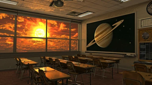 Inviting Classroom with Blackboard and Saturn Picture