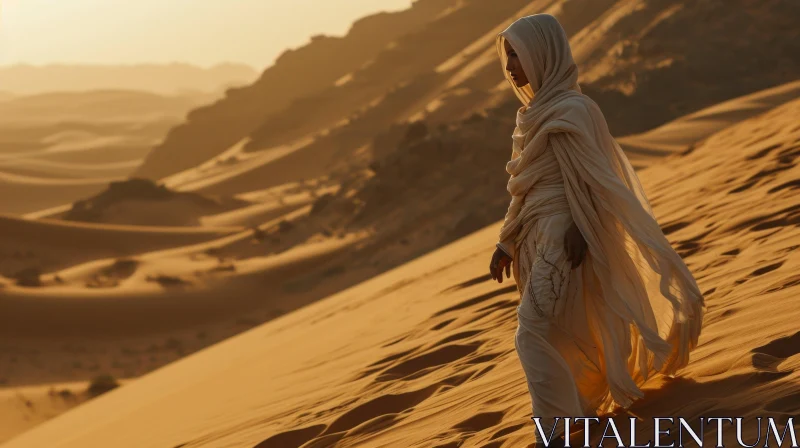 Mysterious Woman Walking in a Golden Desert AI Image