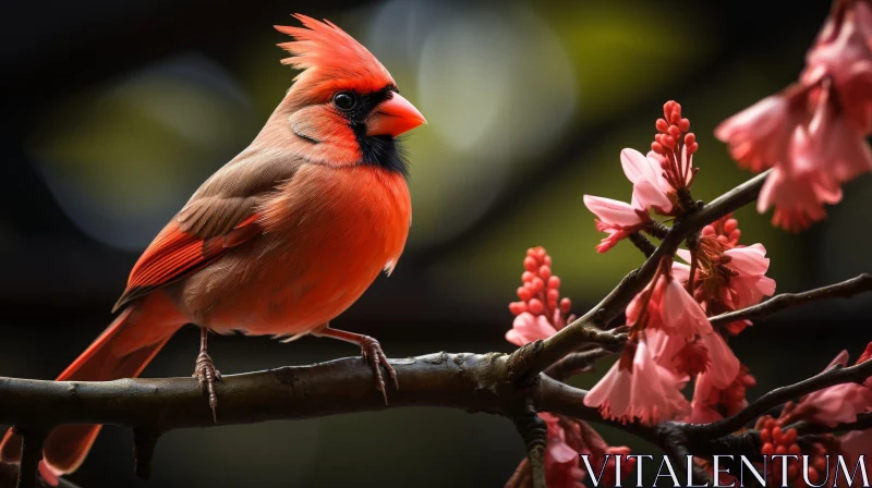 Northern Cardinal on Branch with Pink Blossoms AI Image