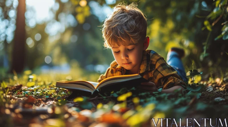 Peaceful Image of a Boy Reading a Book in a Park AI Image