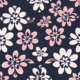 Pink and White Floral Seamless Pattern on Dark Blue Background