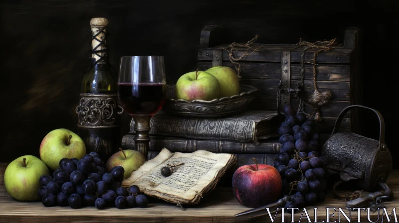 Rustic Still Life with Wine Bottle and Fruits AI Image