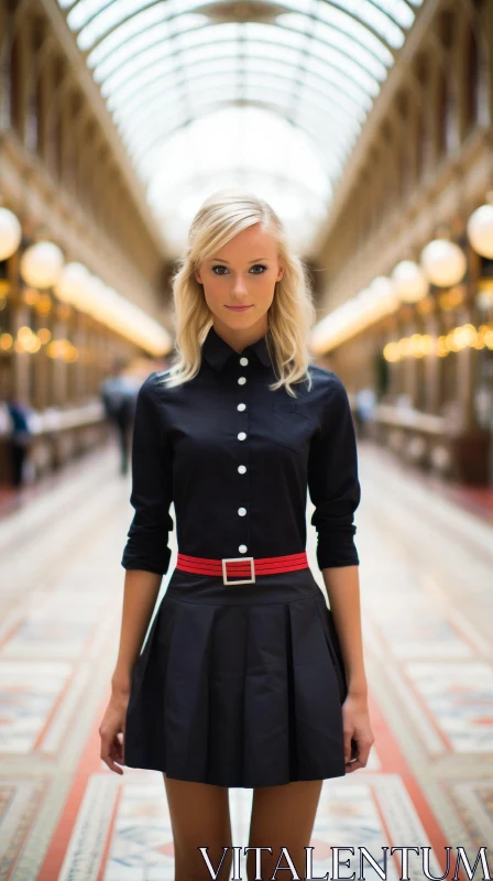 Serious Blonde Woman in Black Dress Corridor Portrait AI Image