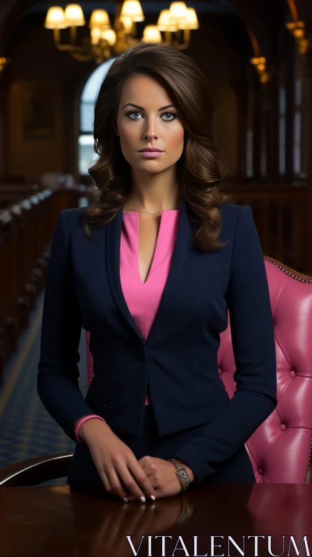 Serious Young Woman Portrait in Blue Suit Jacket and Pink Blouse AI Image