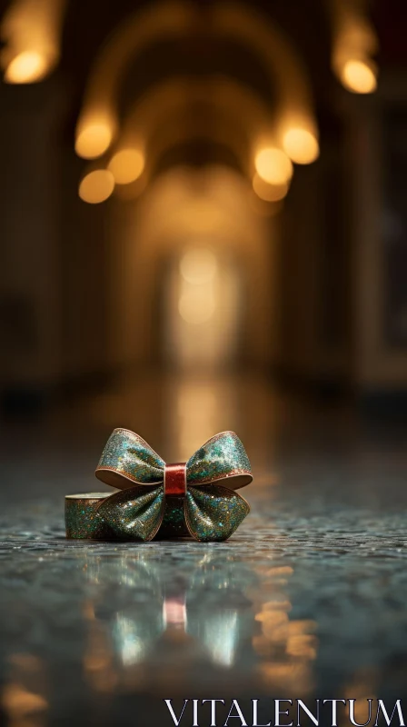 Shiny Green and Red Bow on Reflective Marble Floor AI Image