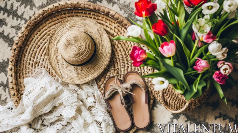Straw Hat, Brown Leather Sandals, and Tulip Bouquet in Wicker Basket AI Image