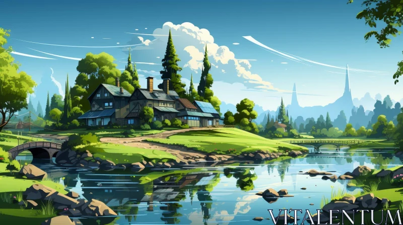 Tranquil Nature Scene with River, House, and Mountains AI Image