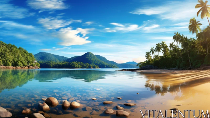 Tropical Beach Landscape with Palm Trees and Mountains AI Image