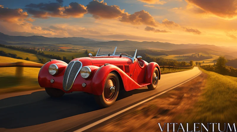 Vibrant Red Classic Car Speeding Down the Road | Golden Age Illustrations AI Image