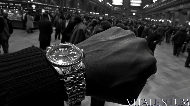 Captivating Monochrome Photograph of a Man's Hand with a Rolex Datejust AI Image