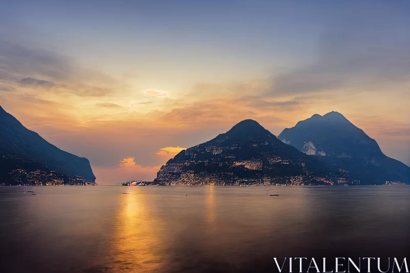 Captivating Sunset over Lake Giulia with Majestic Mountains and Boats AI Image