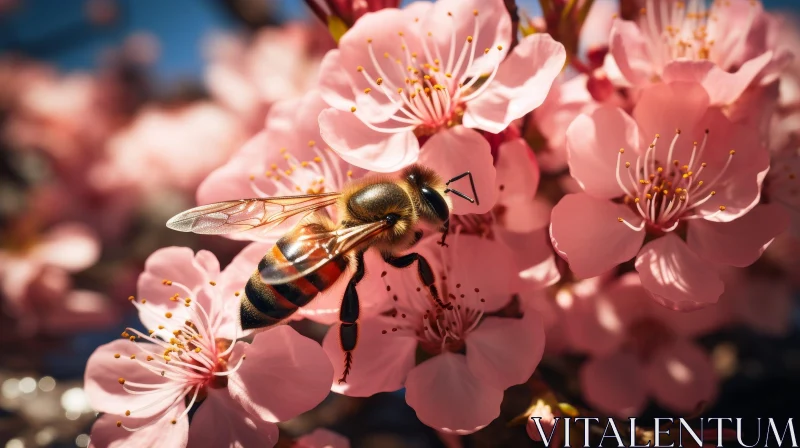Close-up Bee on Cherry Blossom - Nature Macro Photography AI Image