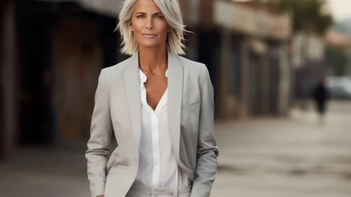 Confident Blonde Woman in Gray Suit | Urban Setting Portrait