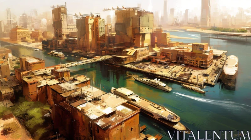 Futuristic Cityscape on River with Tall Buildings AI Image