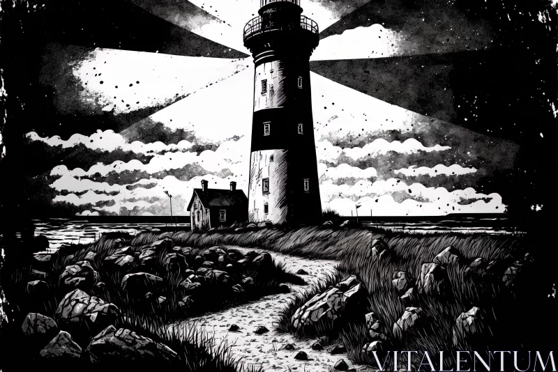 Gritty Horror Comics: Monochrome Ink Lighthouse Cover Art Illustration AI Image