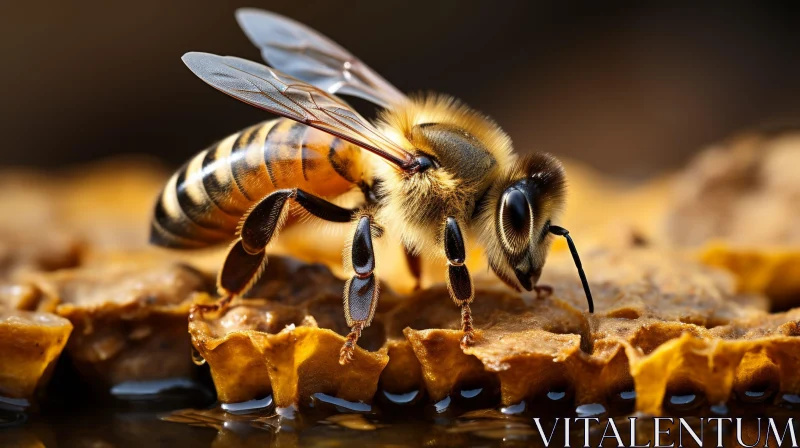Macro Close-up: Honey Bee on Honeycomb AI Image