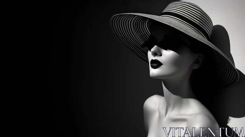 Monochrome Woman Portrait with Wide-Brimmed Hat AI Image