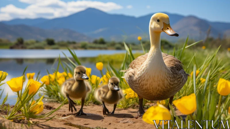 AI ART Mother Duck and Ducklings in Field of Flowers