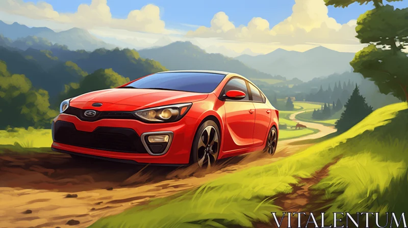 Red Car Driving on Dirt Road with Trees - Dynamic Artwork AI Image