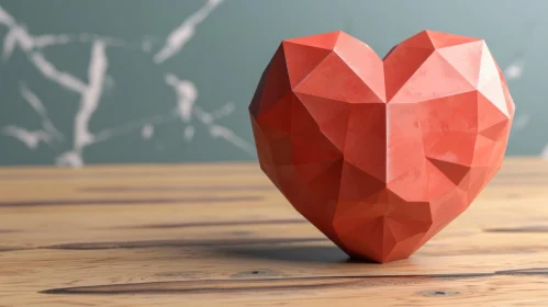 Red Polygonal Heart on Wooden Table - Abstract 3D Illustration