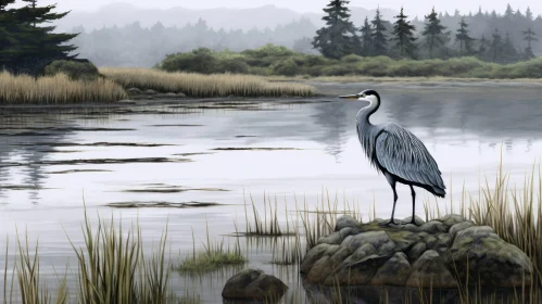 Tranquil Great Blue Heron Painting in Marsh Landscape