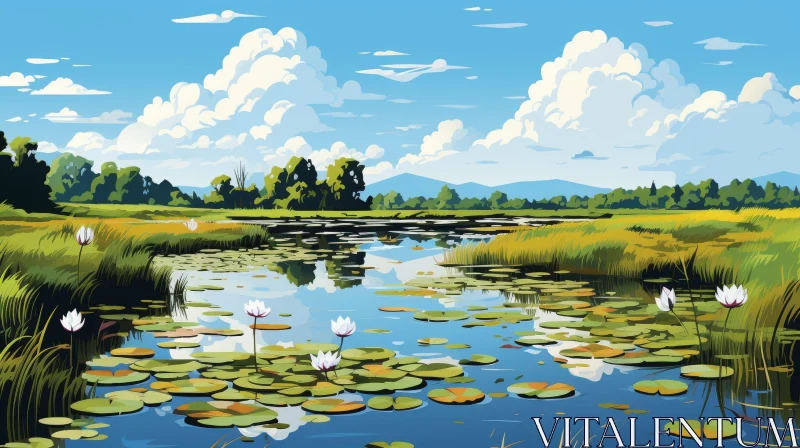 AI ART Tranquil Lake Landscape with Water Lilies