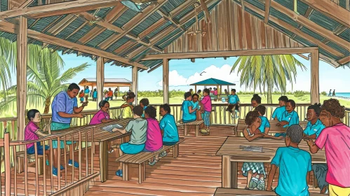 Uplifting Cartoon Illustration of Children Learning in a Beach Hut