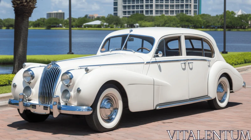 Vintage White Car Parked on Street Near Water | Elaborate Detailing AI Image
