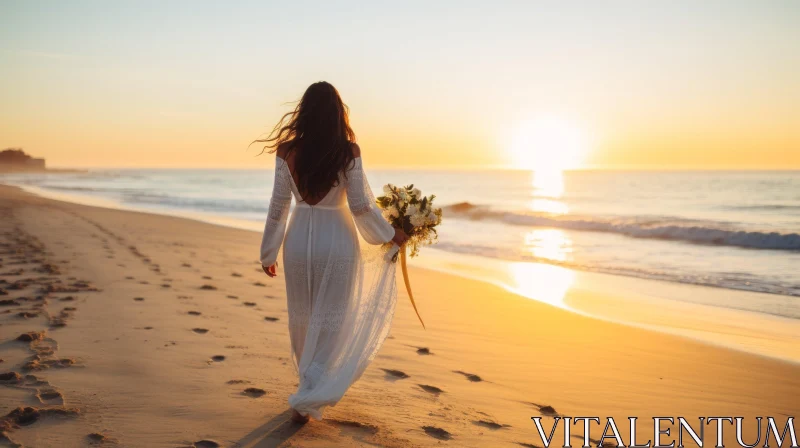 Woman in White Dress Walking on Beach at Sunset AI Image