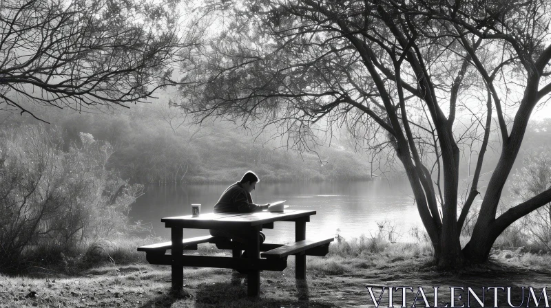 A Serene Encounter with Nature - Man Reading on Park Bench by the Lake AI Image